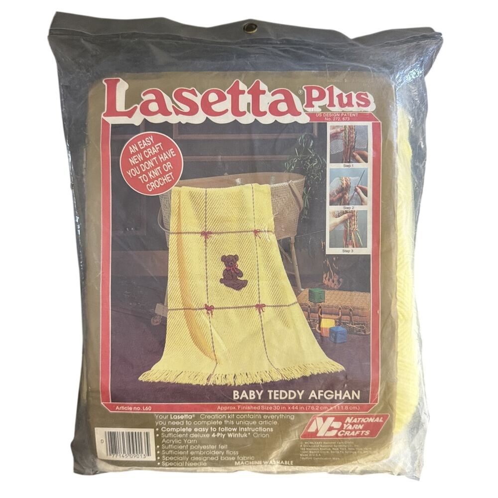 Lasetta Plus New Vintage 1985 Baby Teddy Afghan Kit 30"x44" Blanket Shower Gift